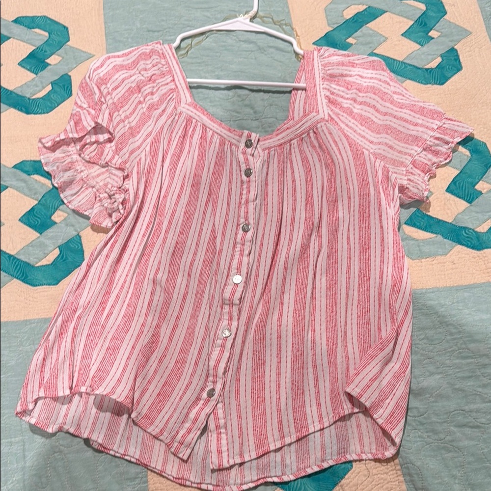 Pink and White Striped Button-Up Blouse